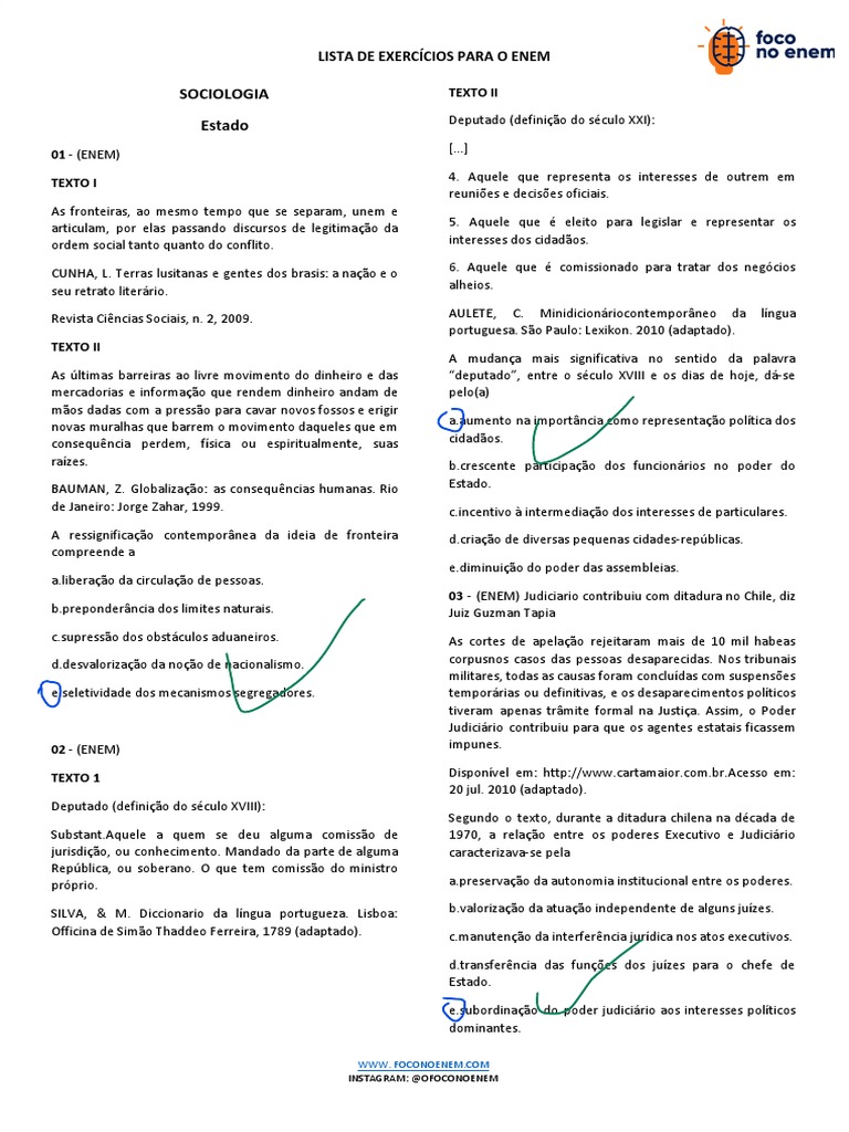 Estado Lista de Exercicios Sociologia ENEM | PDF | Estado | Política ...