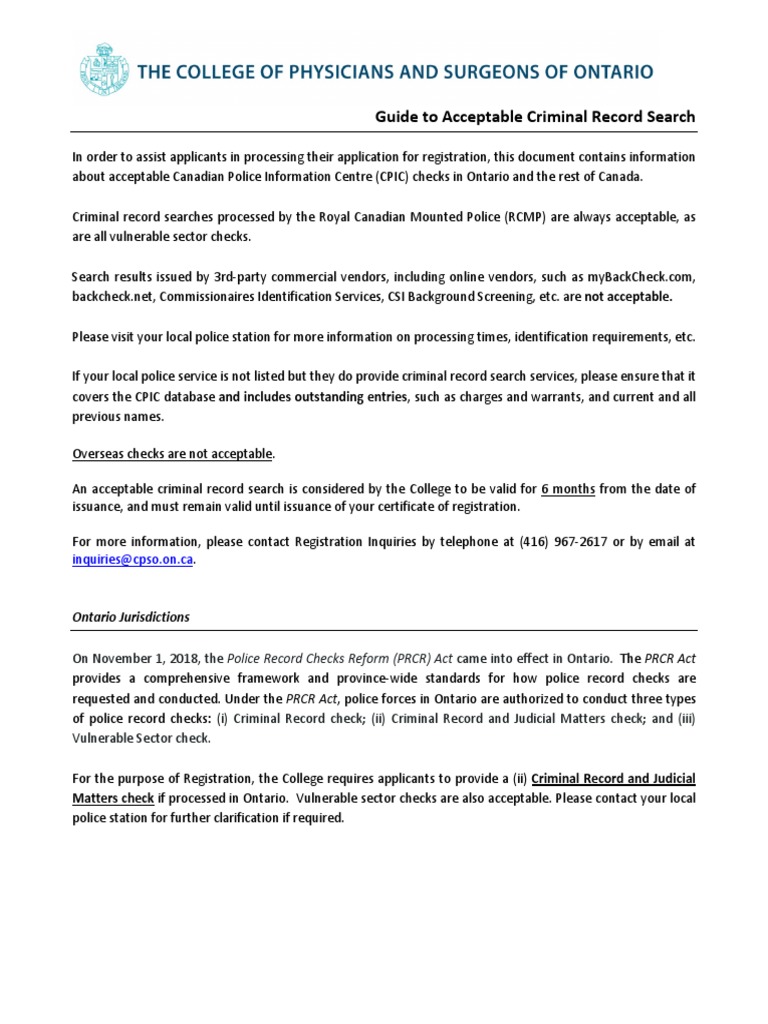 Guide To Acceptable Criminal Record Search Inquiriescpso On.ca PDF Criminal Record