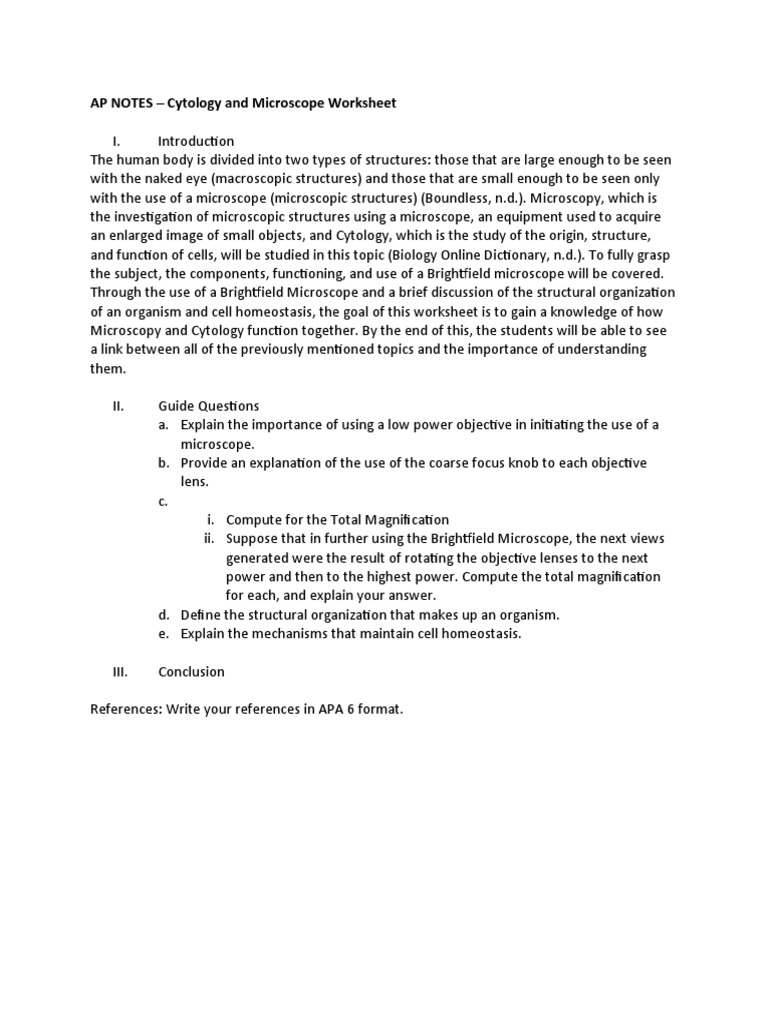 Cytology and Microscopy Worksheet | PDF