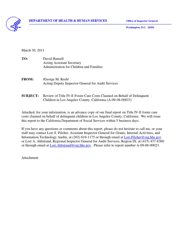 Review Of Title Iv E Foster Care Costs Claimed On Behalf Of Delinquent