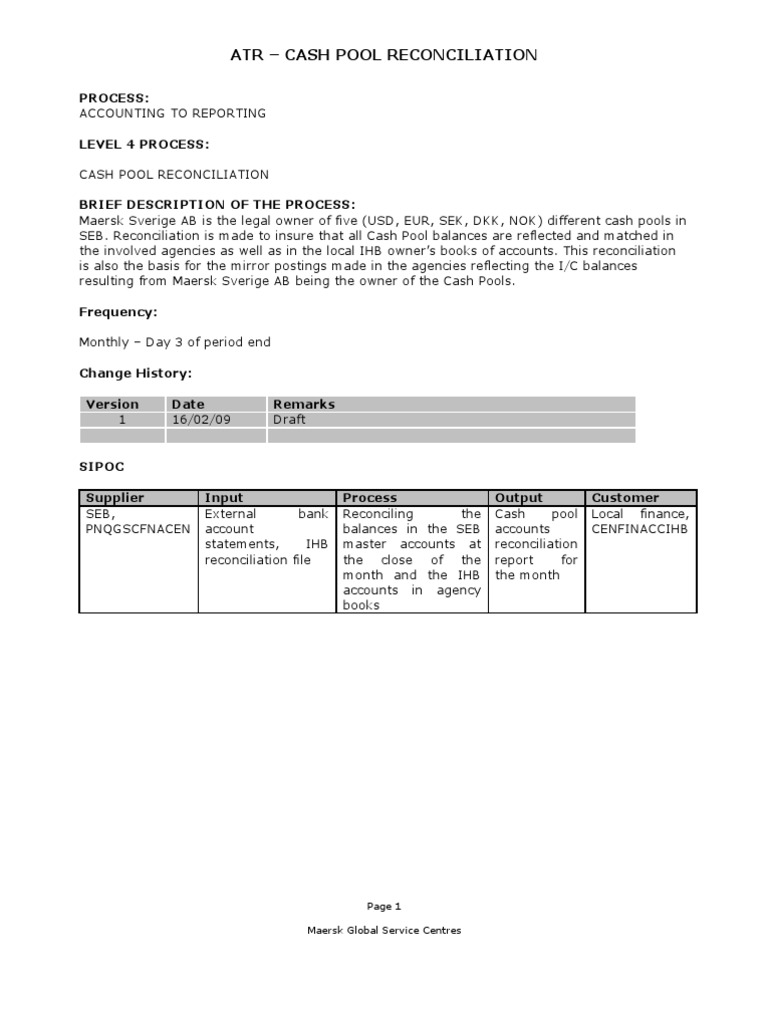 Atr Cash Pool Reconciliation Process PDF Microsoft Excel Banks