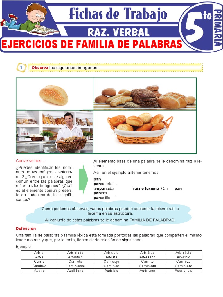 Ejercicios de Familia de Palabras para Quinto Grado de Primaria | PDF ...