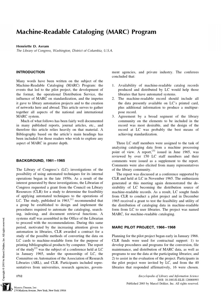 MachineReadable Cataloging (MARC) Program The Library of Congress
