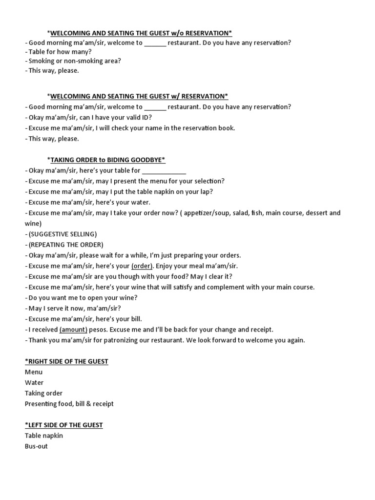 Guest Welcoming and Seating Script | PDF | Menu | Cooking