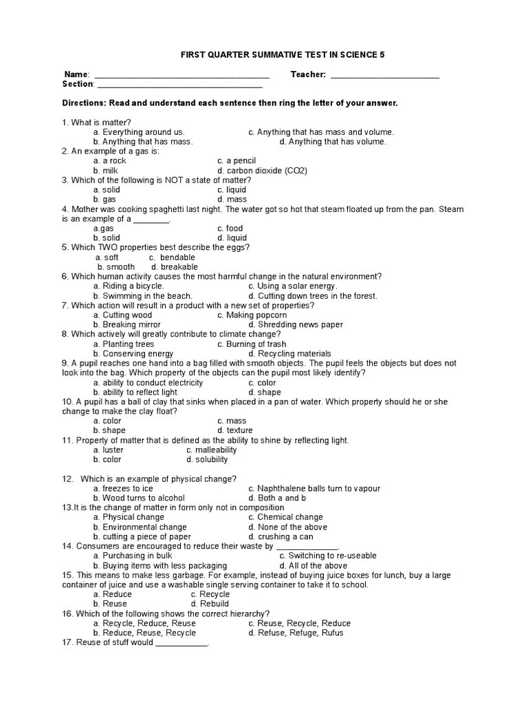 First Quarter Summative Test Science 5 | PDF | Reuse | Recycling