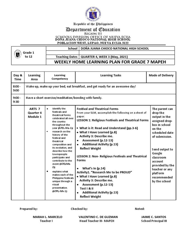 Grade 7 MAPEH Weekly Learning Plan | PDF | Applied Psychology ...