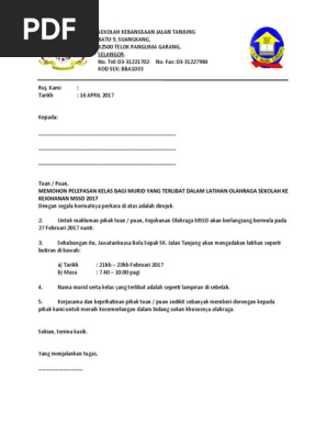 Surat Kepada Yang Berkenaan Mengenai Makluman Latihan Bola Sepak