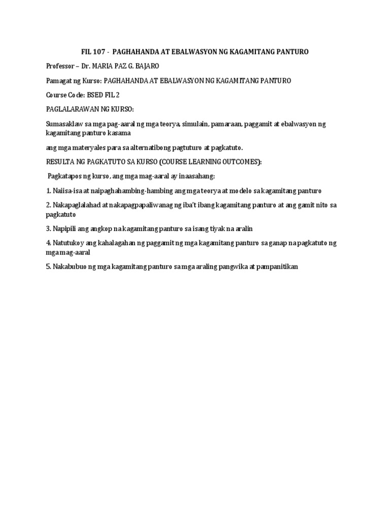 Fil 107 - Paghahanda at Ebalwasyonng Kagamitang Panturo | PDF