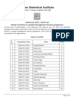 Indian Statistical Institute: Admission 2021: Merit List Master of Science in Quality Management Science Programme