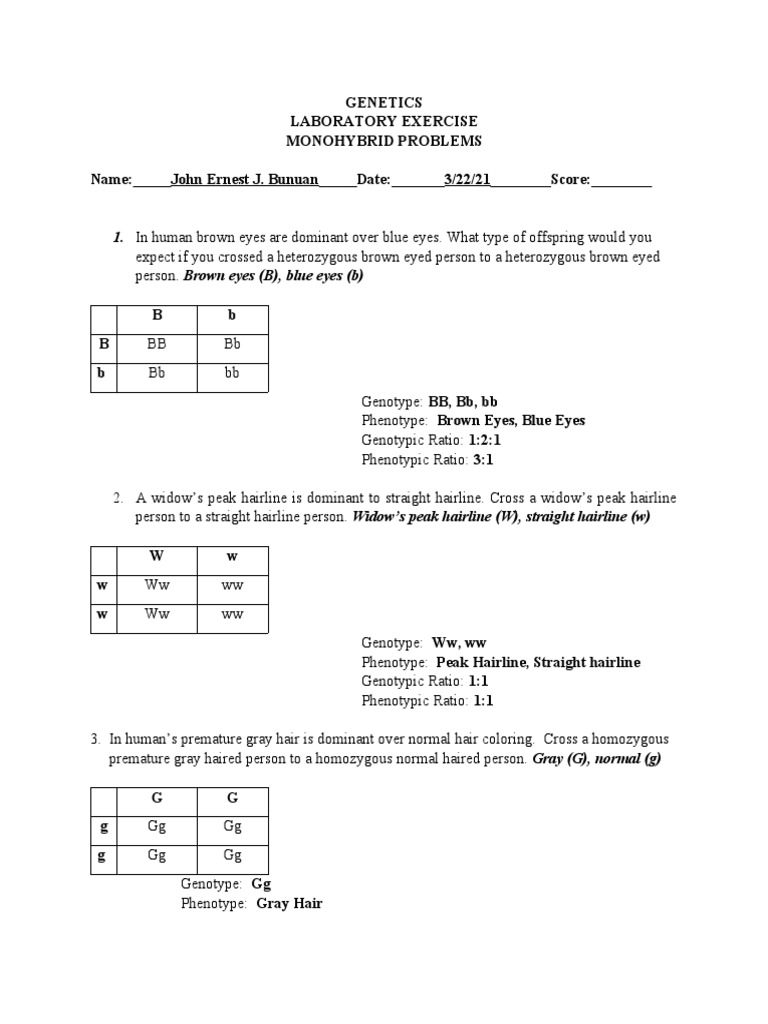 Genetics Laboratory Exercise Monohybrid Problems Name: - John Ernest J ...