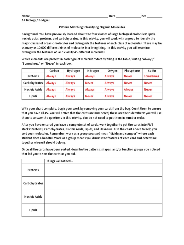 Pattern Matching - ANSWER KEY | PDF | Nucleotides | Carbohydrates