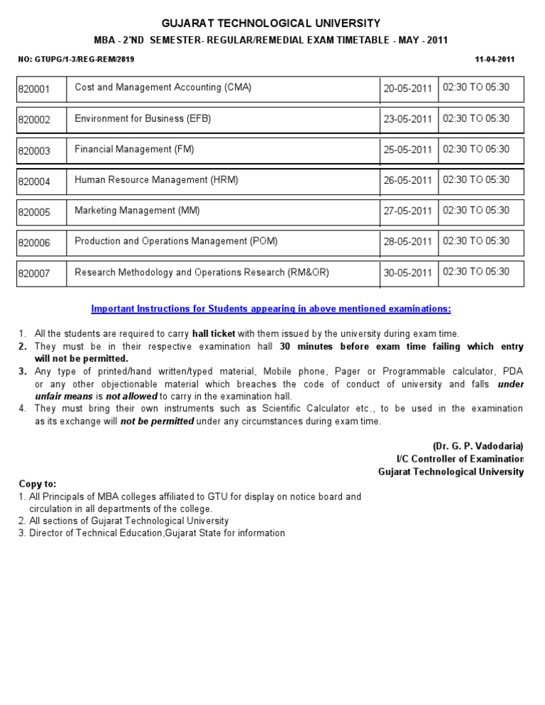 GTU MBA 2nd Semester Exam Timetable 2011 | PDF | Science & Mathematics ...