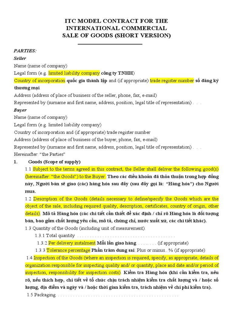 Itc Model Contract For The International Sale of Goods | PDF