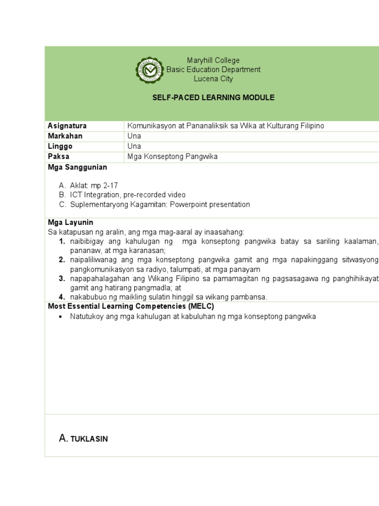 Filipino Self-Paced Learning Module 1 - de Leon | PDF