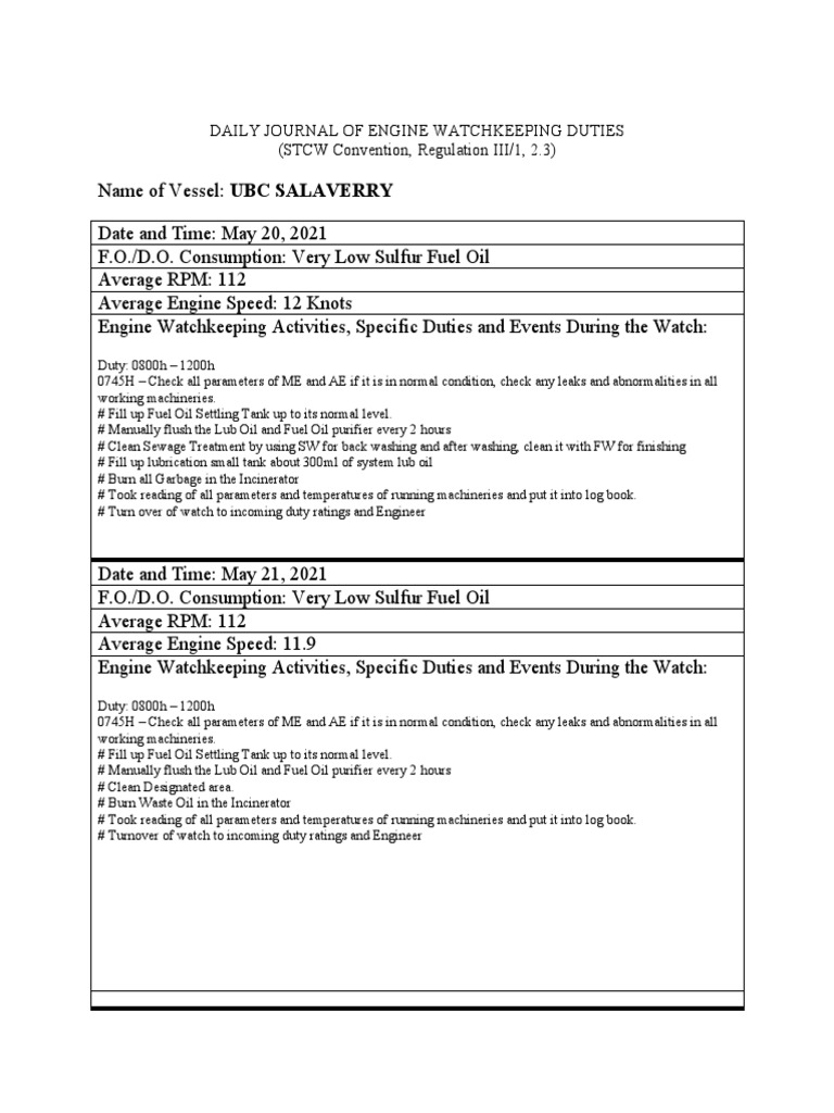 Daily Journal of Engine Watchkeeping Duties &lsquo;1234 | PDF | Fuel Oil 