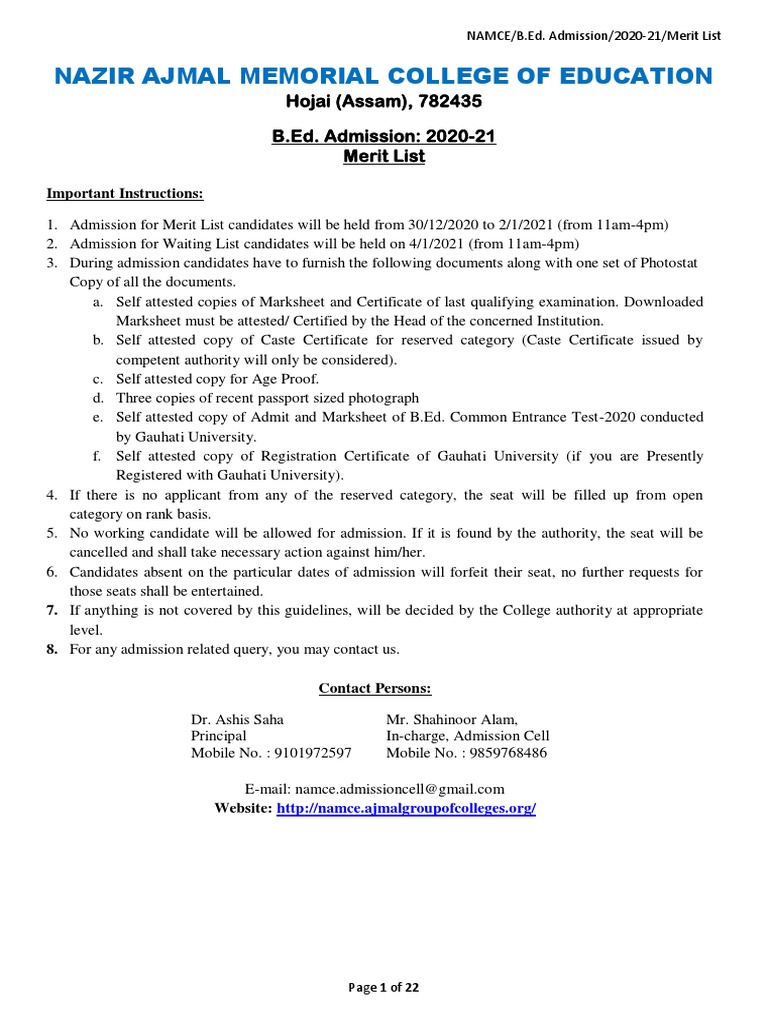 Nazir Ajmal Memorial College of Education Hojai (Assam), 782435 B.Ed