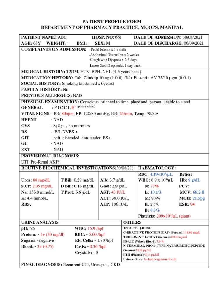 Patient Profile Form Department of Pharmacy Practice, Mcops, Manipal ...