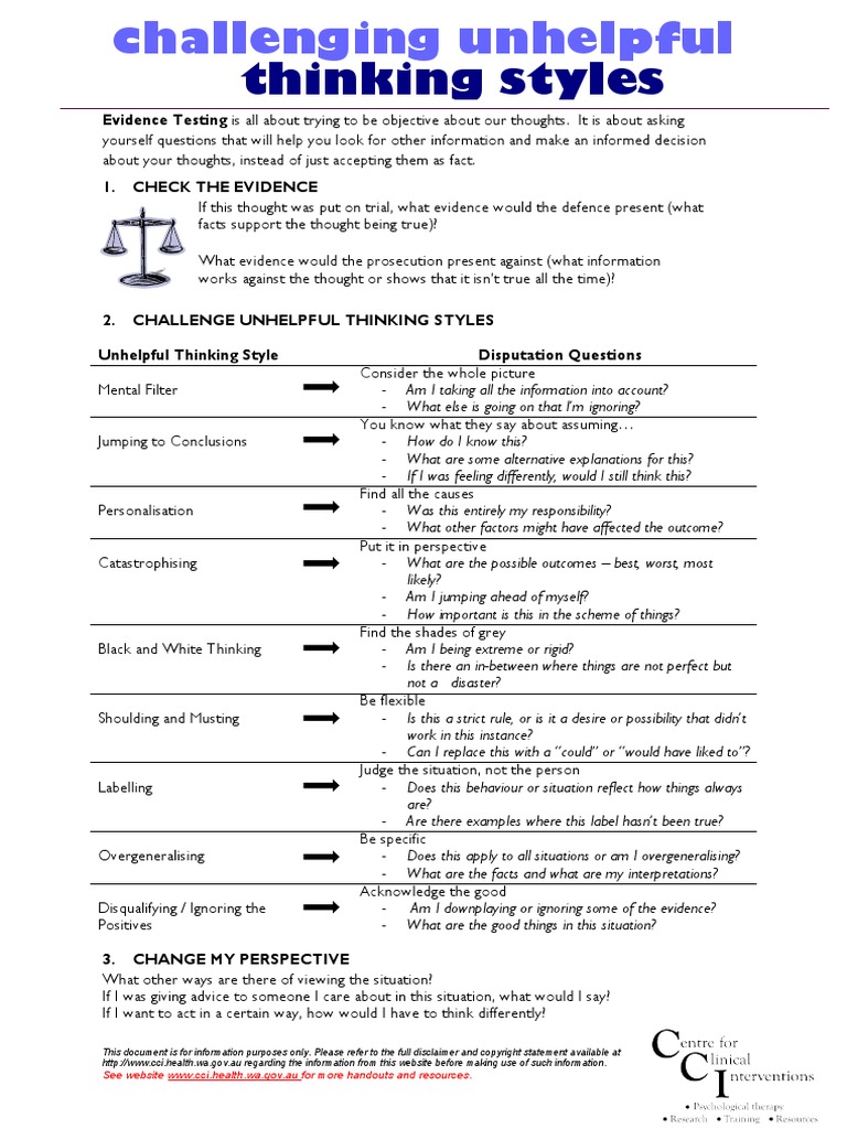 Centre For Clinical Interventions Challenging Unhelpful Thinking