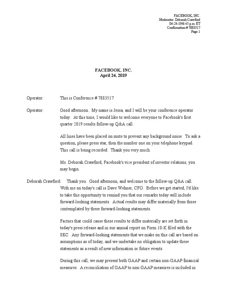 Q1 '19 Follow Up Call Transcript | PDF | Facebook | Share Repurchase
