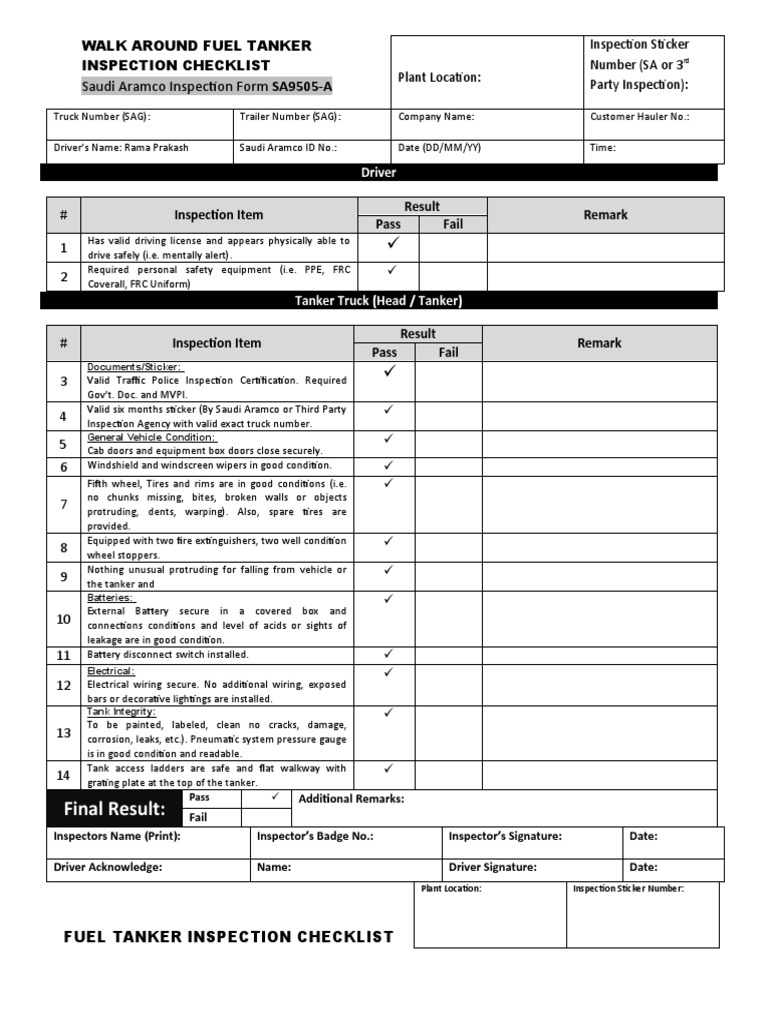 SA 9505 Fuel Tanker Inspection Checklist PDF Pipe (Fluid Conveyance