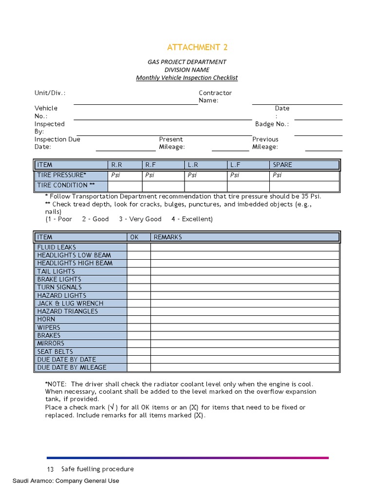 Monthly Vehicle Inspection Checklist | PDF | Technology & Engineering