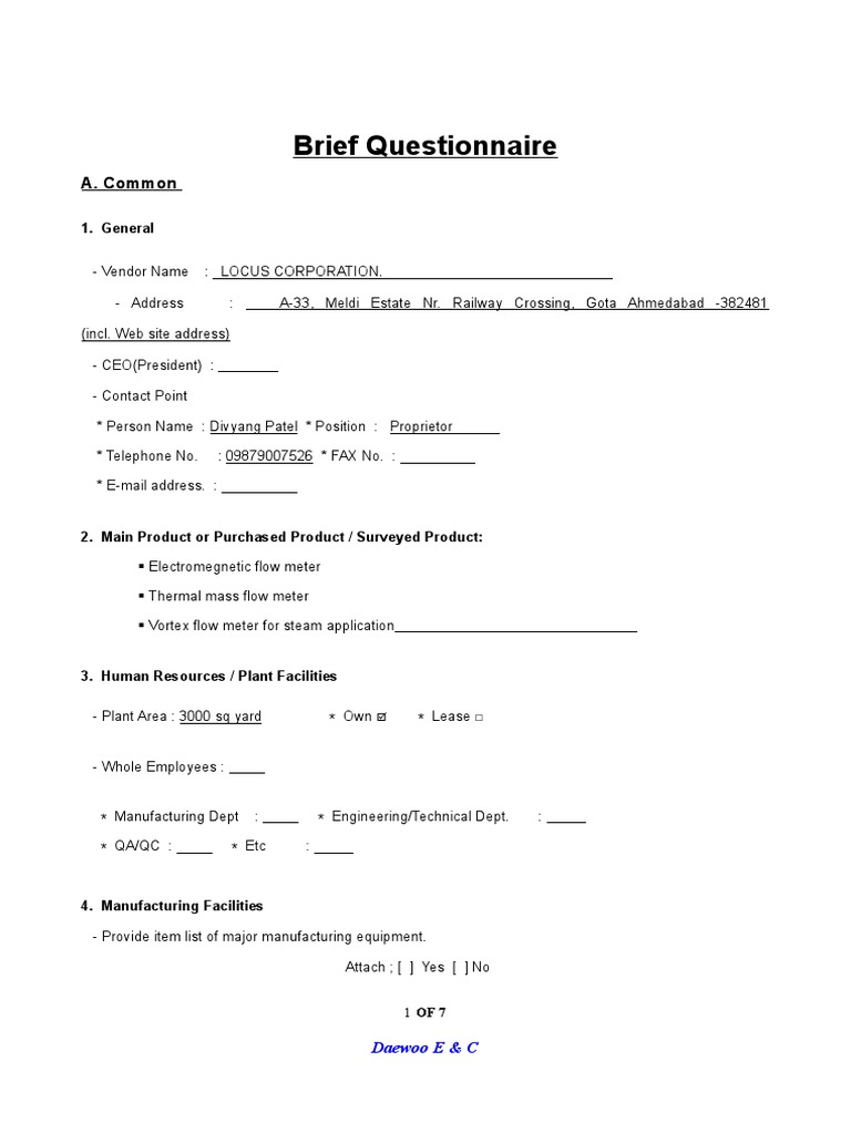 Brief Questionnaire File PDF Business Process Business