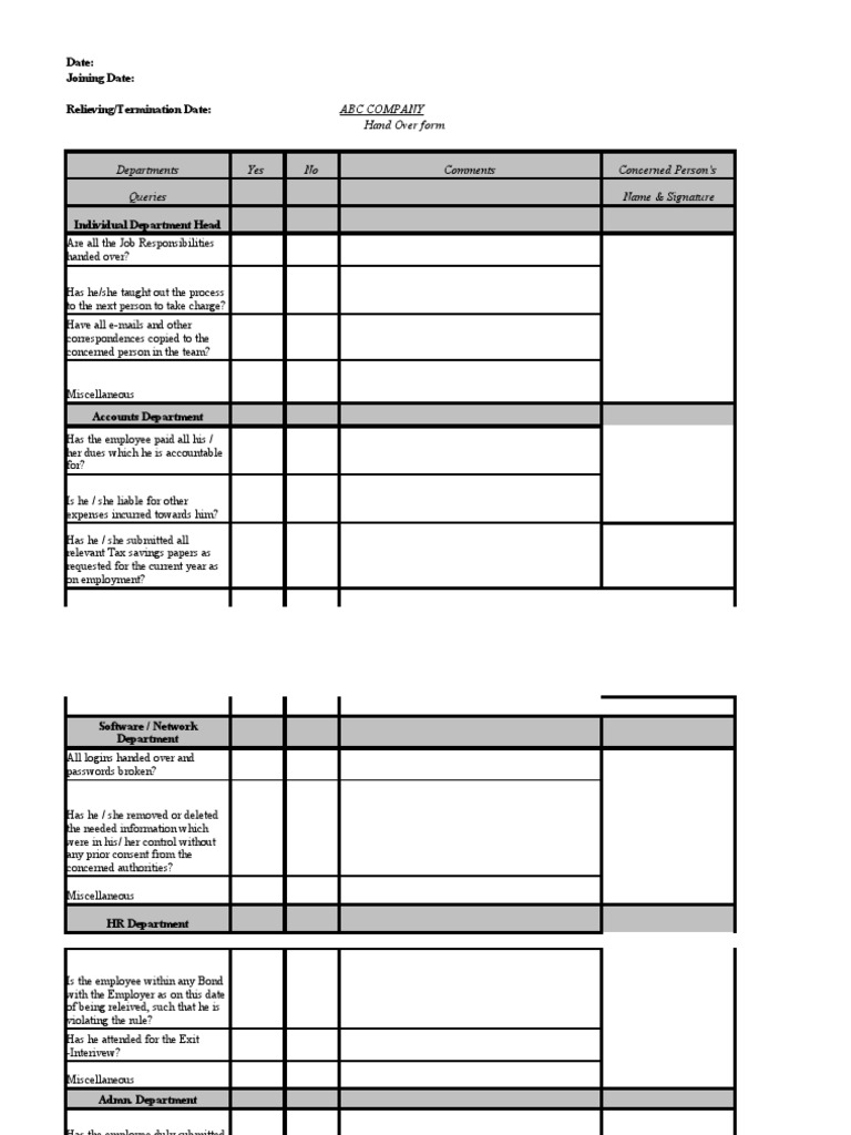 Employee Hand Over Checklist Form | PDF