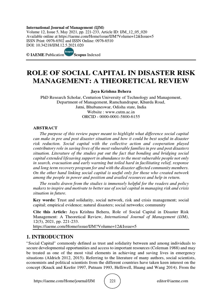 Role of Social Capital in Disaster Risk Management: A Theoretical ...