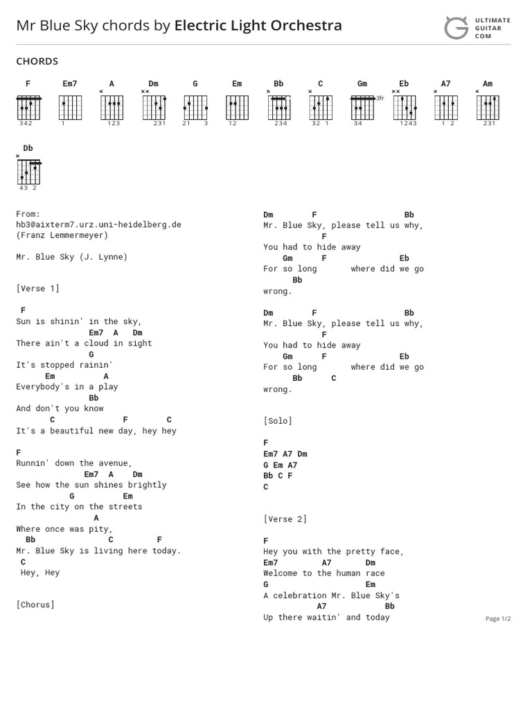 MR Blue Sky Chords by Electric Light Orchestratabs at Ultimate Guitar