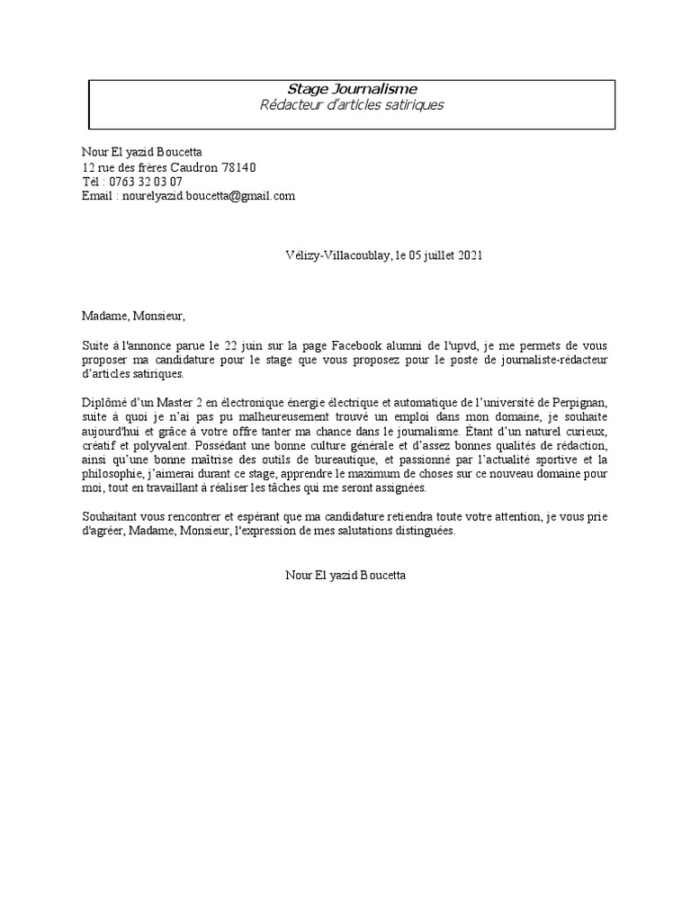 Lettre Motivation Journaliste Redacteur PDF
