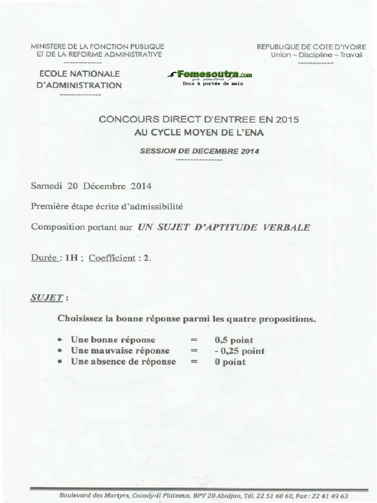 Concours Direct 2015 Cycle Moyen APTITUDE VERBALE | PDF