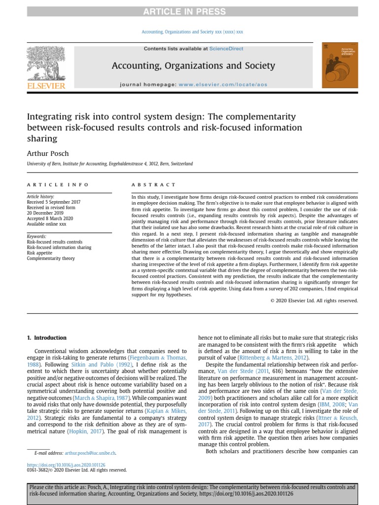 Accounting, Organizations and Society Arthur Posch PDF Risk