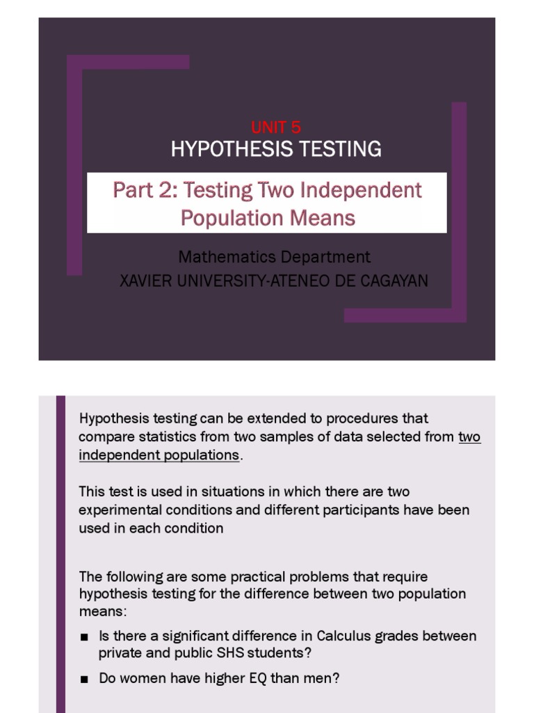 Unit 5.2 Testing Two Population Means PDF Statistical Hypothesis