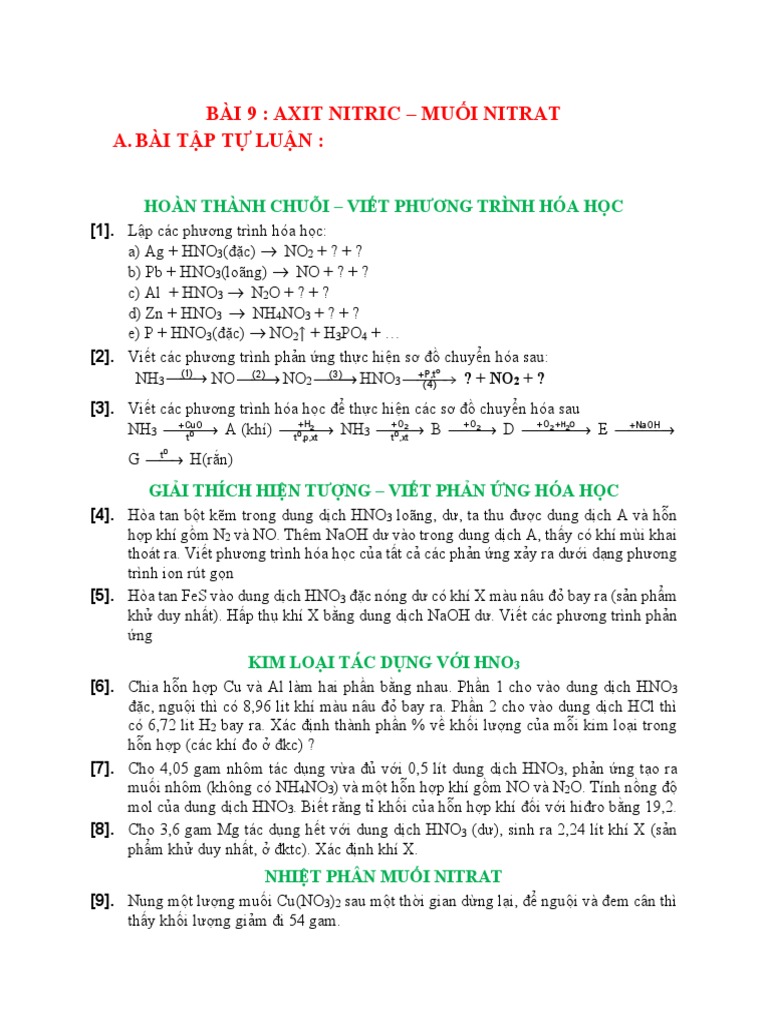 Hoa 11 Bai 9 Bt Tự Luận Axit Nitric Va Muối Nitrat Pdf