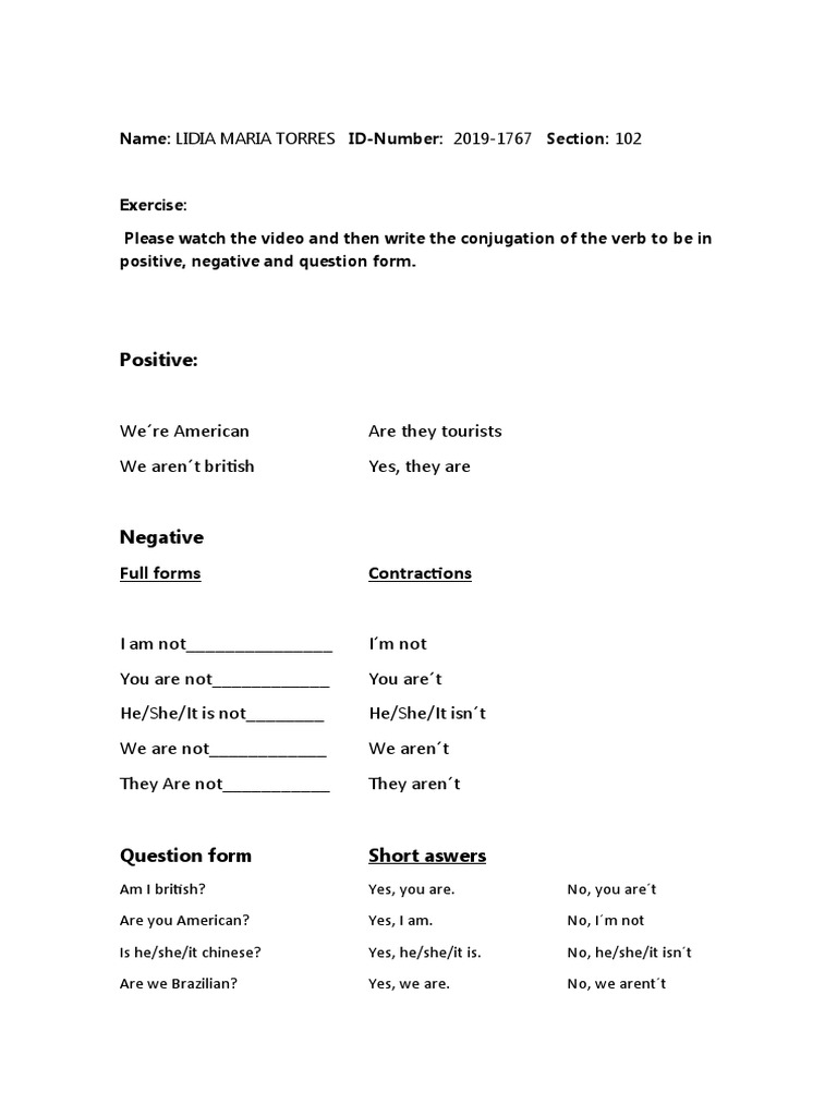 Verb To Be Positive, Negative, Interrogative Form | PDF