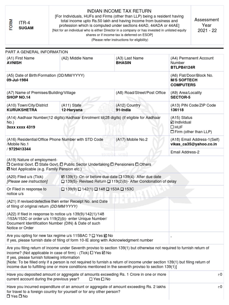 Indian Tax Return Assessment Year 2021 22 Sugam PDF Tax