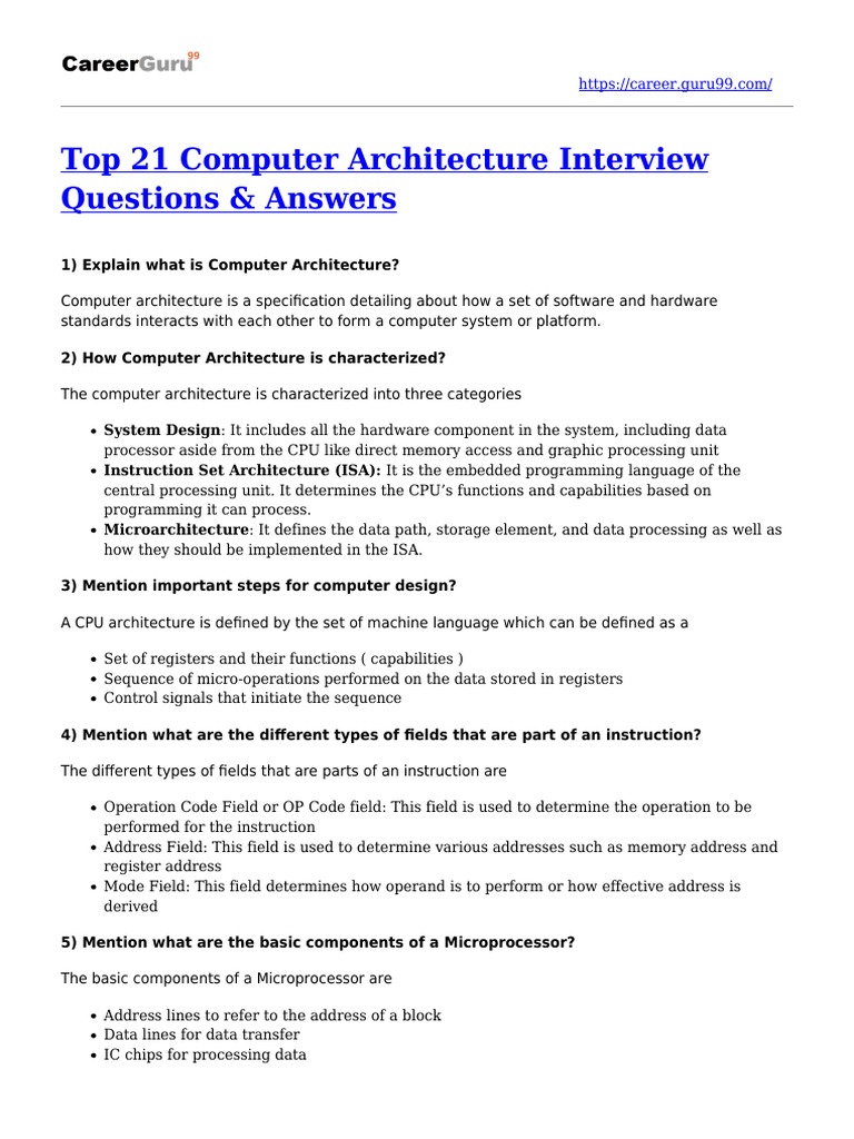 Top 21 Computer Architecture Interview Questions & Answers | PDF ...