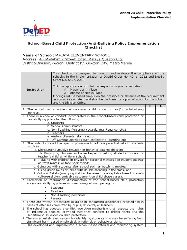 Child Protection Policy Checklist | PDF | Bullying | Child Protection