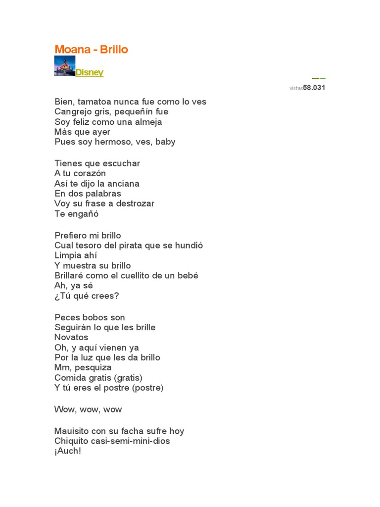 Letra de "Brillo" de Moana | PDF