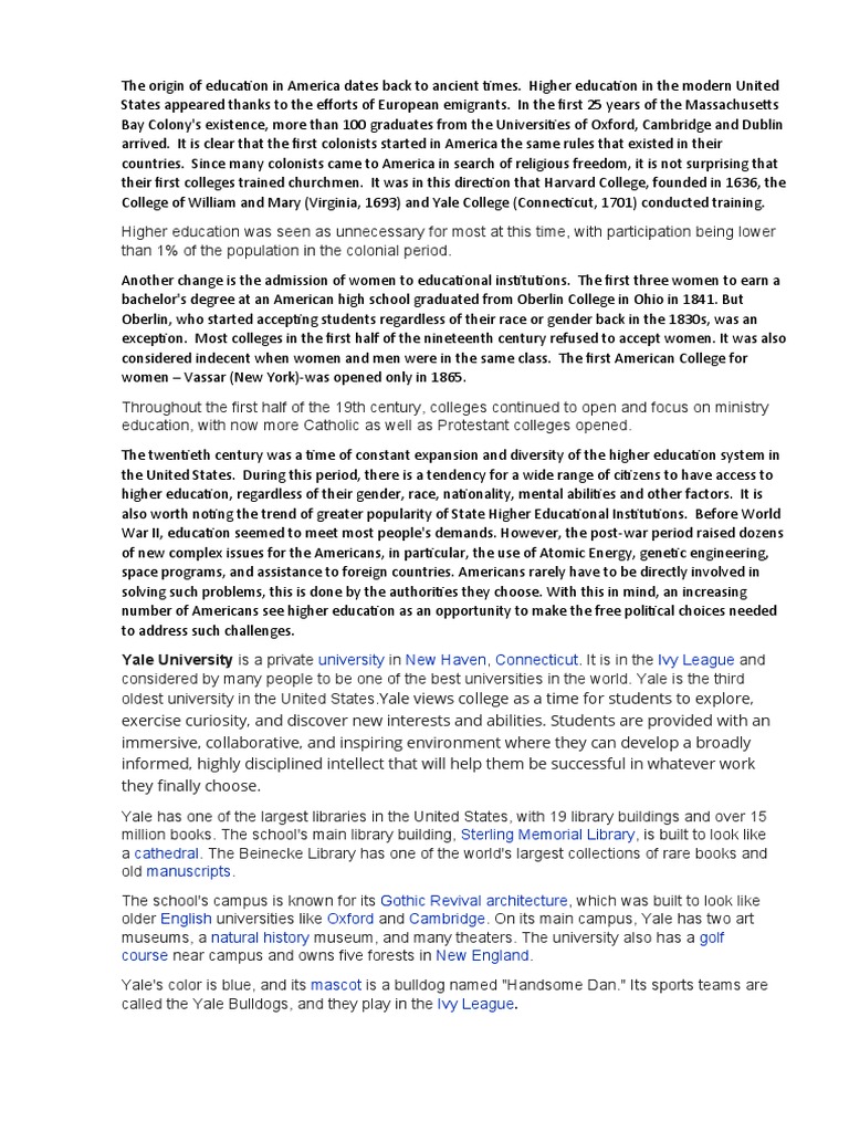 The History of Higher Education in The USA PDF Yale University College