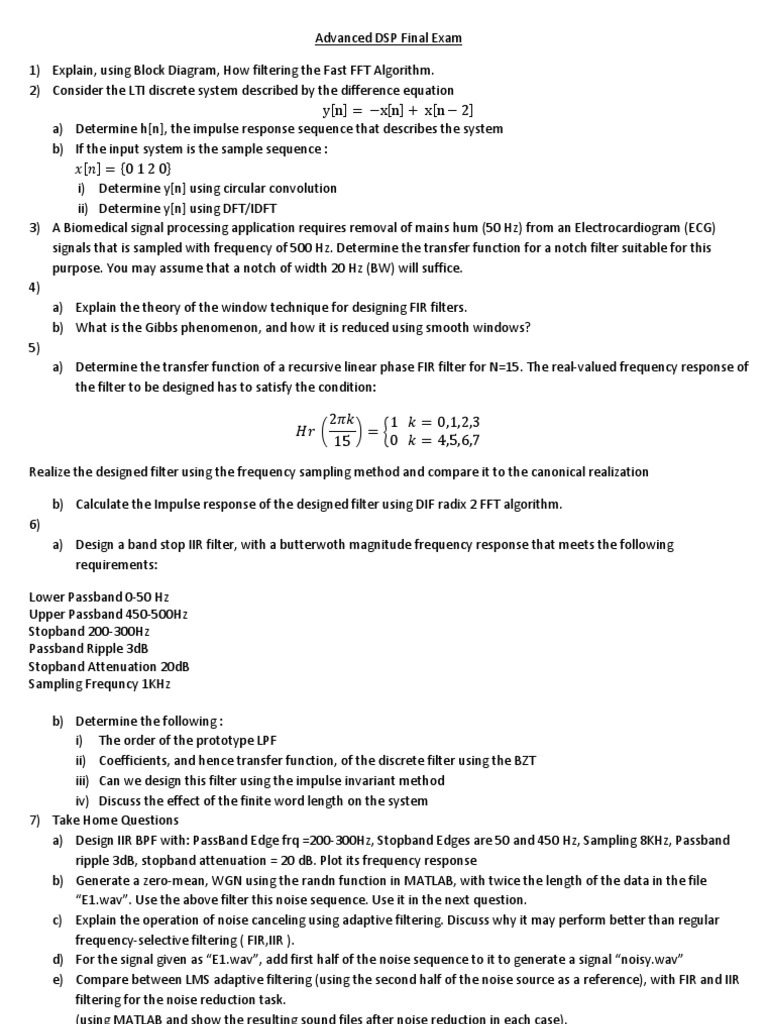 Advanced DSP Final Exam PDF Filter (Signal Processing) Electronic