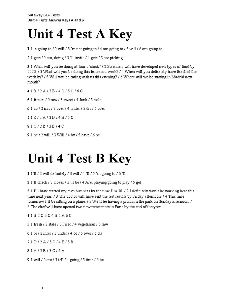 Gateway B1+ Unit 4 Test Answers | PDF | Wellness | Science & Mathematics