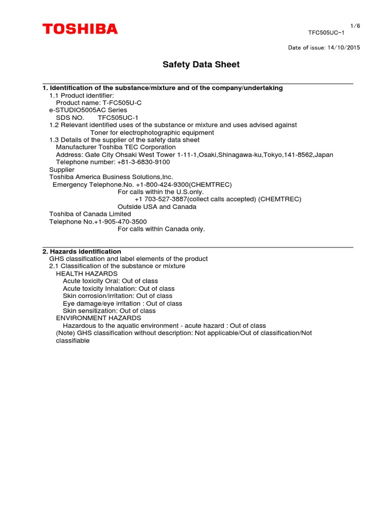 T-FC505U-C Toner Safety Data Sheet | PDF | Dangerous Goods | Toxicity