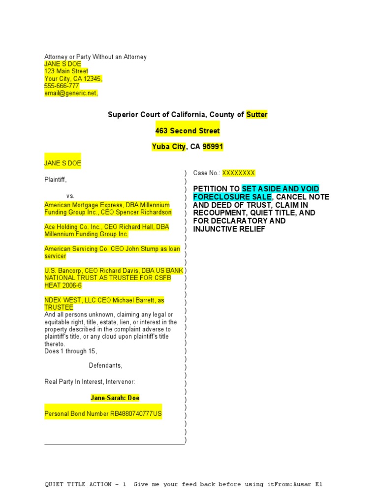 Excellent Quiet Title Lawsuit PDF