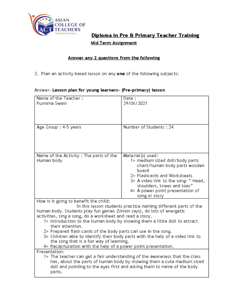 Pre-Primary Teacher Training Assignment | PDF | Classroom Management ...