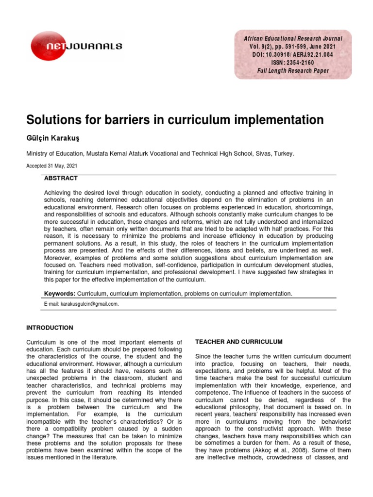 Solutions For Barriers in Curriculum Implementation Gülçin Karakuş
