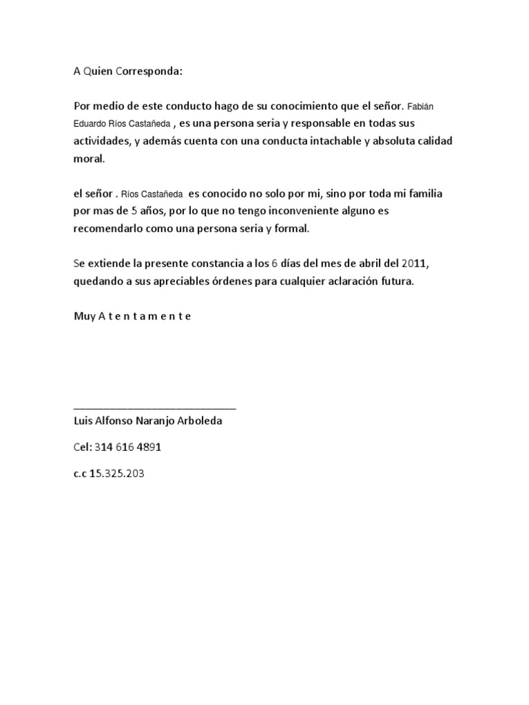 carta de recomendacion personal