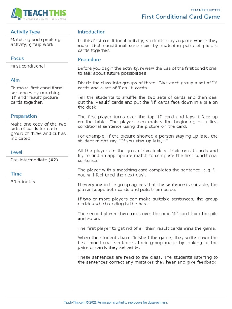 First Conditional Card Game | PDF | Cognition