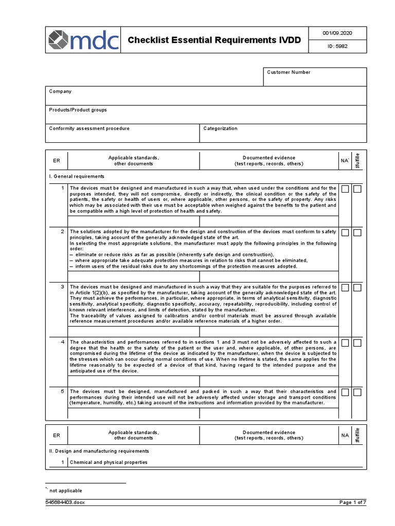 Checklist Essential Requirements IVDD PDF Sterilization