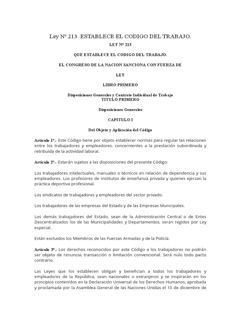 Ley #213 ESTABLECE EL CODIGO DEL TRABAJO | PDF | Derecho laboral | Salario